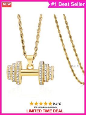 Gold Plated Chunky Barbell Pendant Necklace Rope Chain 18"